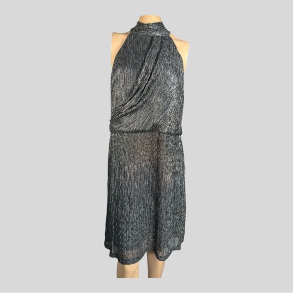 Halston Metallic Knit Sleeveless Dress – Black/Silver, Size 14
